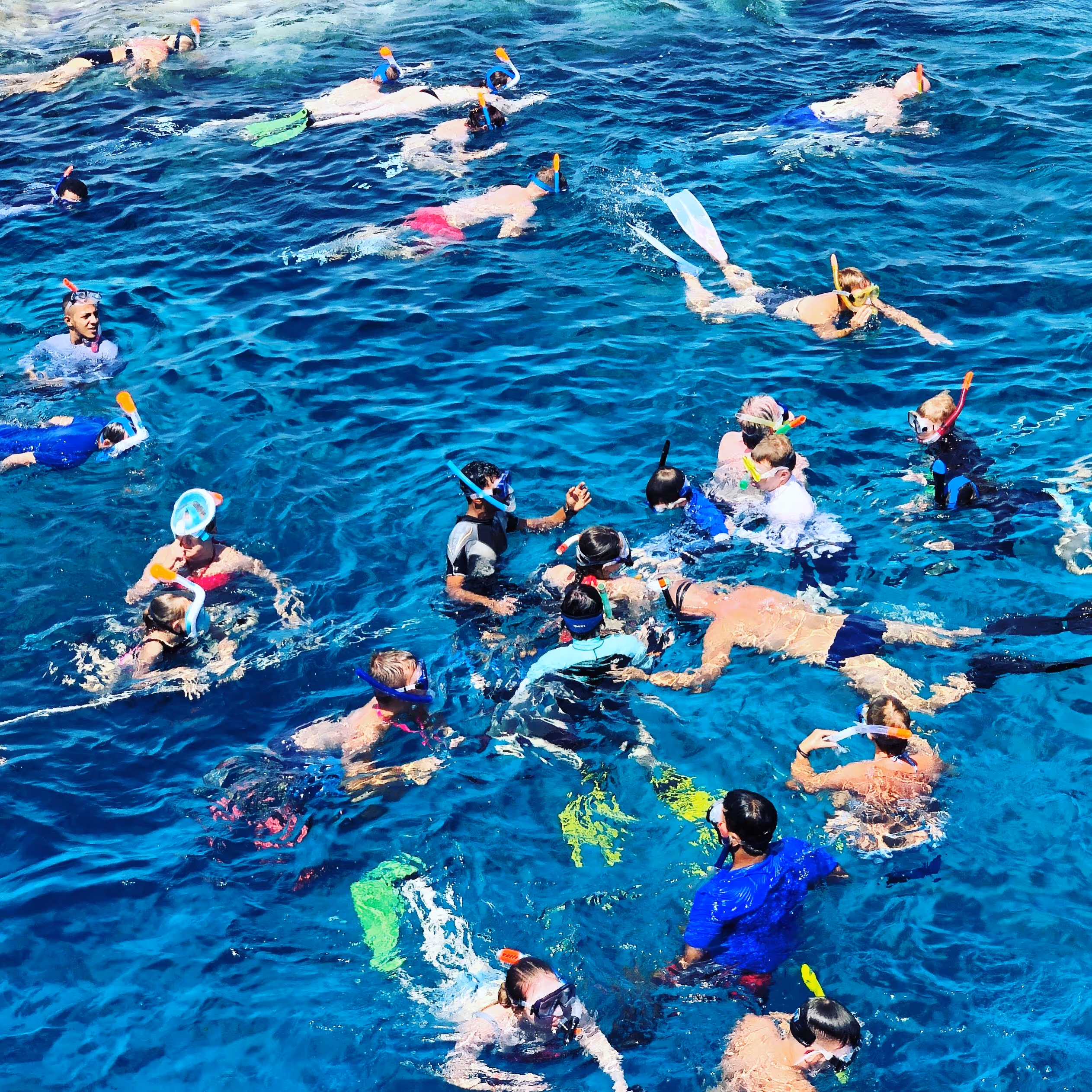 A snorkeller above a coral reef in clear Caribbean water